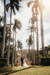 Elopement & wedding Photography, bride and groom stand in the grass in the distances beneath towering Palm Trees